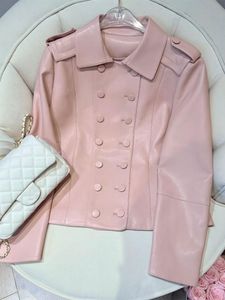 Manteau de veste mignon en cuir PU élégant à double boutonnage de couleur rose pour femme SMLXL