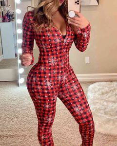 Dames Plaid Sexy Sneeuw Gedrukt Volwassenen Jumpsuits Nieuwjaar Femme Christmas Skinny Pyjama Suit One Stuk V-hals Nachtkleding 210415