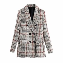 Manteau en laine à col rabattu à carreaux pour femmes à double boutonnage en tweed à blocs de couleur casacos XSSML