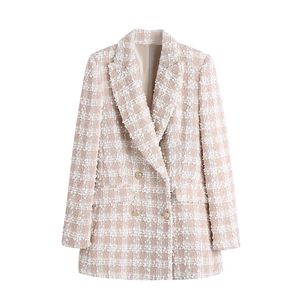 Manteau en laine à col rabattu à carreaux pour femmes à double boutonnage en tweed à épaississement moyen long casacos XSSML