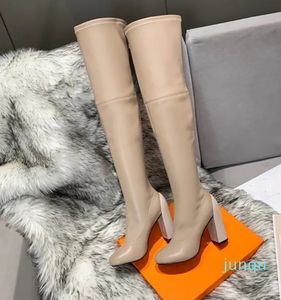 Bottes à plateforme pour femmes clous en cuir bouts ronds talons épais bottes de mode designer bottines zippées talons hauts bottes de chevalier-5