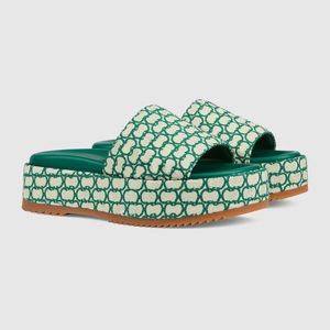 Sandales à plateforme pour femmes, pantoufles de créateur à talons mi-hauts, sandales de plage d'été à enfiler, mules à bout ouvert, lettres de mode vert ivoire, toile jacquard à bout ouvert