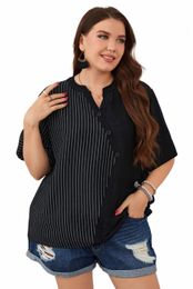 Dames Plus Size Blouse Tops Gestreepte Print Stiksels Casual T-shirt Gekerfd Ronde hals Korte mouwen Zomer T-shirt Oversized Doek u8Mi #