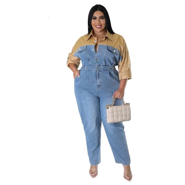 Combinaisons grande taille pour femmes barboteuses grandes belles femmes Denim combinaison à manches longues Patchwork femme filles Streetwear salopette dame Jean 231025