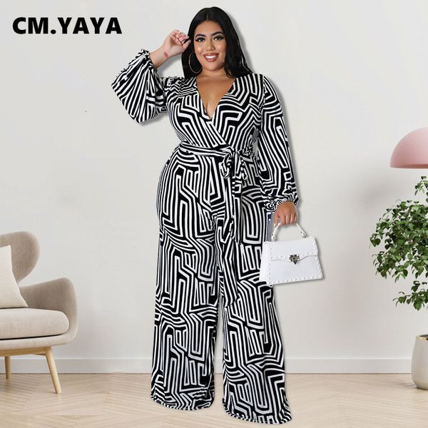 Combinaisons femme grande taille Barboteuses CM.YAYA grande taille femmes noir barboteuses à manches longues col en v combinaison rue fête ensemble global ceintures imprimer combishort 230325