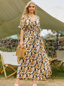 Dames plus size jumpsuits rompers jurken 2022 dames print v-neck strand maxi jurk geregen op casual wijd uitlopende mouwen vrouwen feestvestidos