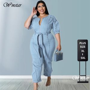 Femmes grande taille combinaisons barboteuses Wmstar combinaison femmes Denim fermeture éclair ceintures poches pantalon Stretch droit body vente en gros goutte 230325