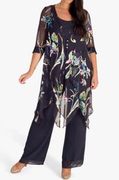 Ensemble assorti grande taille pour femmes mère de la mariée en mousseline de soie noire imprimé floral ourlet irrégulier décontracté été trois pièces pantalon costume 240111