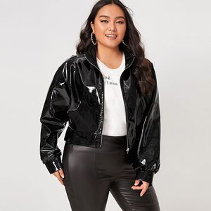 Manteau d'extérieur pour femmes, grande taille, fermeture éclair, veste en cuir verni, manches longues, décontracté, col rabattu, vêtements d'extérieur courts pour moto, personnalisé 220922