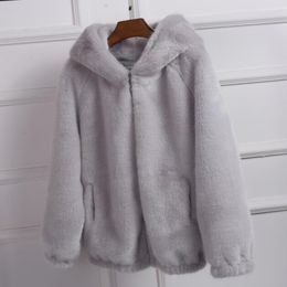 Abrigos de talla grande para mujer abrigos de piel de invierno coreano corto femenino cálido suelto h chaqueta gruesa con capucha abrigo Artificial 220922