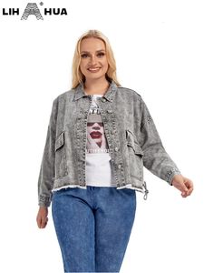 Dames plus size bovenkleding jassen Lih hua dames plus size denim jas herfst casual high -end stretch knop lange mouw jas 230325