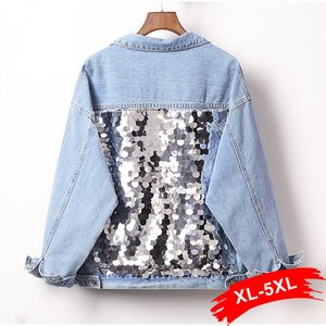 Dames plus size bovenkleding jassen plus size harajuku terug pailletten korte denim jassen 3xl 4xl dames lichtblauwe driekwart mouw bomber jassen mom Jean 230325