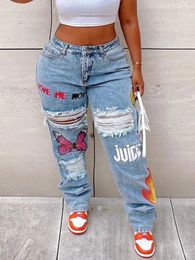 Grote maten damesbroeken LW Grote maten Gescheurde jeans met vlinderletterprint Dames Grote maat Denim Mode Rechte broeken Streetwear-broeken 2 kleuren 231011