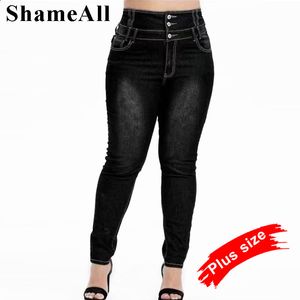 Dames plus size broek plus size knoop omhoog magere zwart grijs lange jeans 4xl 5xl vrouwen lente hoge taille stretch mager dunne denim broek dame broek 230203