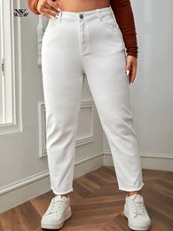 Calças femininas plus size plus size jeans branco para mulheres encaixe reto primavera outono comprimento total cintura alta elástico 100kgs denim calças femininas 231011