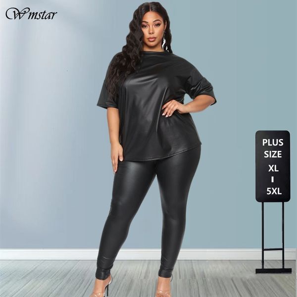 Femmes grande taille pantalon PU deux pièces femmes ensembles mode Streetwear demi manches noir t-shirt taille élastique en gros goutte 230804