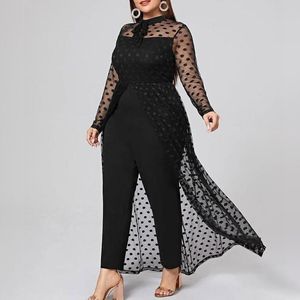 Femmes Plus La Taille Pantalon D'été Noir Dans L'ensemble Sexy Maille Transparente À Manches Longues Mode Combinaison Robe Élégance Bureau Dame Décontracté Sheer Romp