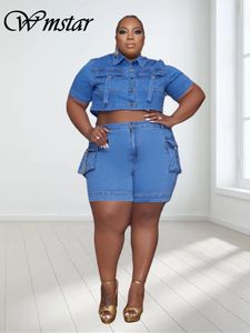 Pantalones de talla grande para mujer Wmstar Denim Two Piece 2023 Shorts Set Pocket Top y Fashion Matching Drop Shipment 230705