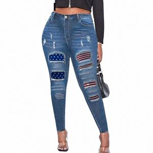 Jeans crayon patchwork arc-en-ciel froncés pour femmes, grande taille, pantalons en denim extensibles et skinny 11gh #