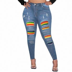 Jeans sexy grande taille pour femmes, jeans skinny déchirés à imprimé arc-en-ciel, taille haute, extensibles, avec poches et poches j5dA #