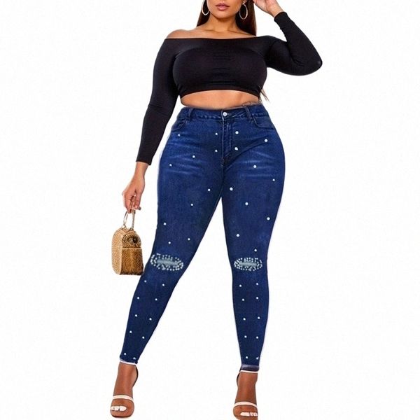 Jeans skinny sexy grande taille pour femmes, pantalon en denim à ourlet brut avec décor de fausses perles B8aI #