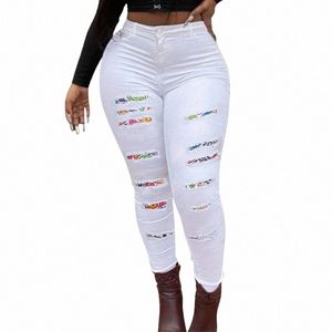 Jeans de style de rue de grande taille pour femmes, jeans skinny déchirés à blocs de couleur très extensibles T4vG #