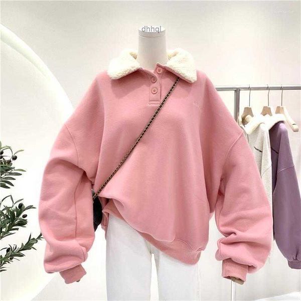 Sudaderas de talla grande para mujer, sudaderas con capucha para mujer, jersey con botones de lana de cordero, ropa para niña, Sudadera con capucha rosa, Otoño Invierno, Tops de terciopelo de estilo coreano, sudadera de gran tamaño