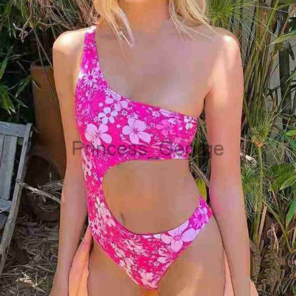 Traje de baño de talla grande para mujer Estampado floral Traje de baño de una pieza para mujer Sin espalda Corte alto Estampado floral Romper Bikini Un hombro Hueco Bikini sexy Traje de baño 2022 x0621