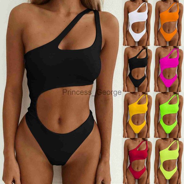 Traje de baño de talla grande para mujer Conjunto de bikini de talle alto con recorte de un hombro Traje de baño de 2 piezas entrecruzado Traje de baño para mujer Traje de baño con pantalones cortos x0621