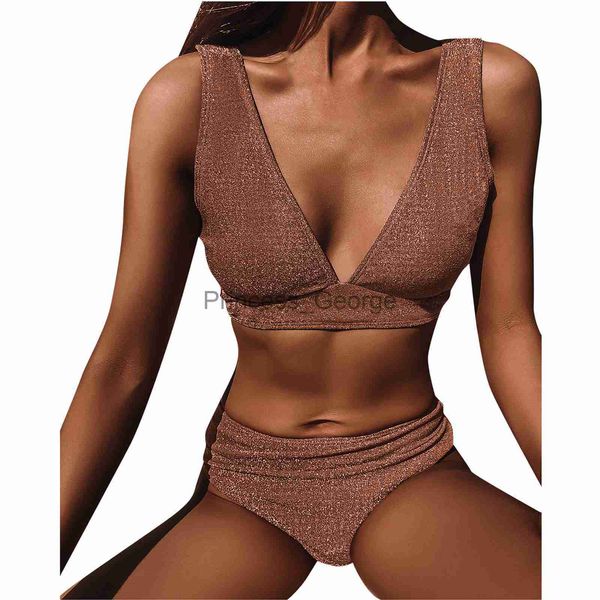 Traje de baño de talla grande para mujer Traje de baño para mujer Lurex Glitter Sexy Bikini Set Mujeres Pushup Sujetador acolchado Biquini Triangle Spa Baño de aguas termales x0621