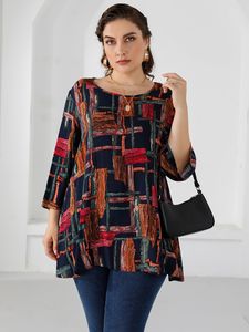 Women's Plus Size T-Shirt 4XL 5XL Plus Size Blouse Women Autumn Three Quarter Sleeve Colorful Print Casual Long Blouse Loose Oversized Ladies Tops 230715