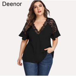 Dames T-shirt met grote maten Deenor Grote maten damestops Kanten stiksels Sexy dieptepunt Top V-hals Casual Dames T-shirt Effen Kleur Femme Wear 230215