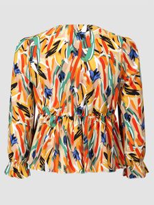 T-shirt grande taille pour femmes Finjani Allover Print Blouse à lacets sur le devant Manches lanternes Garniture à volants Grande taille Femmes Printemps et Automne Tops 230216