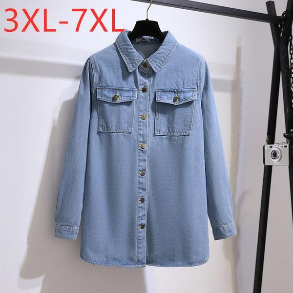 Camiseta de talla grande para mujer, Tops de mezclilla de otoño e invierno para mujer, camisa azul holgada de manga larga con bolsillo de algodón, 4XL, 5XL, 6XL, 7XL