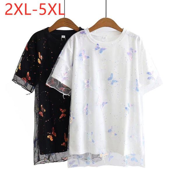 T-shirt de grande taille pour femmes, hauts d'été pour femmes, manches courtes, ample, blanc, noir, coton, imprimé floral, 3XL, 4XL, 5XLWomen's