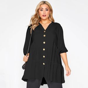 T-shirt grande taille pour femmes grande taille boutonné élégant printemps automne tunique hauts femmes 34 manches col en v blouse blouse hauts noir lâche étagé t-shirt 6XL 230715