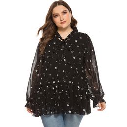 Dames plus size t-shirt plus size chiffon blouse shirt dames zomers buiging stropdas kraag met lange mouwen startende print casual long blouse zwarte vrouwen kleding 230203