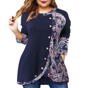 T-shirt grande taille pour femmes printemps automne Vintage imprimé bouton grande taille T-shirt femme vêtements à manches longues mode Peplum hauts tunique surdimensionnée 5XL 230215