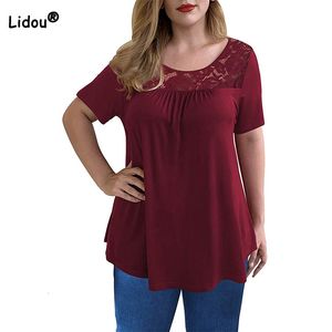 T-shirt grande taille pour femmes vêtements d'été pour femmes col rond couleur unie haut décontracté grande taille dentelle manches courtes manches courtes droite pull t-shirt 230717