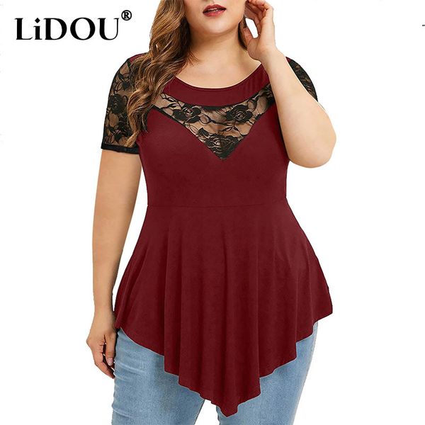 T-shirt grande taille pour femmes mode d'été solide dentelle grande taille T-shirt femmes surdimensionné jacquard perspective ourlet irrégulier casul manches courtes dame hauts t-shirt 230719