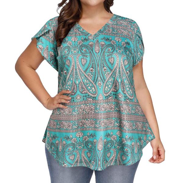 T-shirt grande taille pour femmes été décontracté imprimé floral col en V à manches courtes t-shirts dames lâche surdimensionné mode Peplum TopWomen'