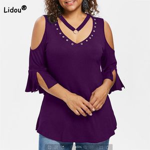 T-shirt voor dames, V-hals, effen kleur, T-shirt, zomerkleding voor dames, grote maten, off-shoulder, uitgehold, dampoog, klinknagel, korte mouw, tops 230717