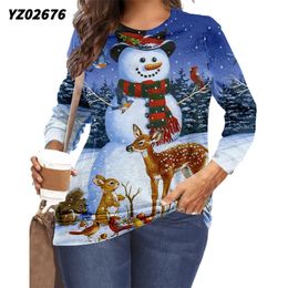T-shirt grande taille pour femmes hiver fête de Noël bonhomme de neige T-shirt imprimé animal chemise décontractée à manches longues col rond femme t-shirt hauts 6XL vêtements grande taille 230215