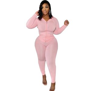 Survêtements grande taille pour femmes 4XL 5XL Vneck manches longues fermeture éclair haut crayon pantalon slim ensemble pour femmes deux pièces survêtement Jogger vêtements de sport 230130