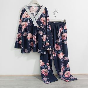 Tracksuits voor dames 7xl 150 kg Slaapkleding Sets voor bloemenpyjama's Lange mouwtoppen en broek Home Wear Femme Set 230130