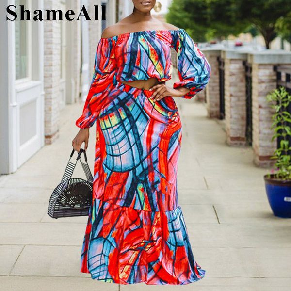 Survêtements grande taille pour femmes africaines Tie Dye Print Crop Tops Dress 2 Ensembles de deux pièces 4XL Off épaule à manches longues Tees Bandage Jupes Outfits 230721