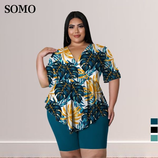 Chándales de talla grande para mujer, trajes sexy con estampado bohemio, ropa de talla grande para mujer, top con cuello en V, trajes de pantalón corto, conjunto de dos piezas de verano, venta al por mayor, gota 230906