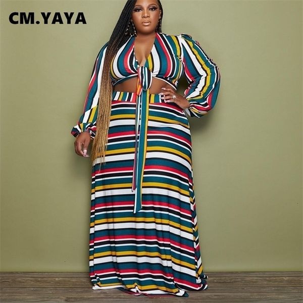 Survêtements de grande taille pour femmes CMYAYA Femmes Rainbow Rayé Maxi Jupe Costume avec cravate à manches longues Crop Top Assortiment Deux 2 pièces Ensemble Tenues 230906