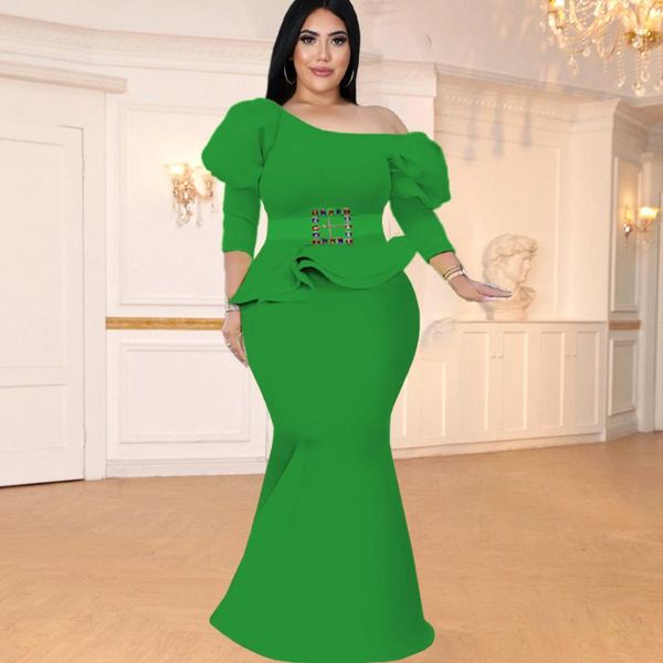 Survêtements grande taille pour femmes Ensembles hauts et jupes verts Manches longues lanterne Ensemble deux pièces Soirée de Noël Fête d'anniversaire Automne Hiver Fas