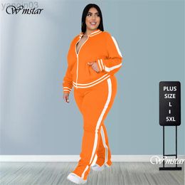 Chándales de talla grande para mujer L-5XL Conjunto de dos piezas Traje de chándal para mujer Cremallera a rayas Top Slit Jogging Pants Jogger Outfit Matching Wholesale Dropshipping L220905